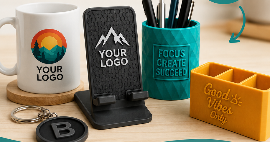 Custom 3D-printed mug, phone stand, pen cup and gift box with logos